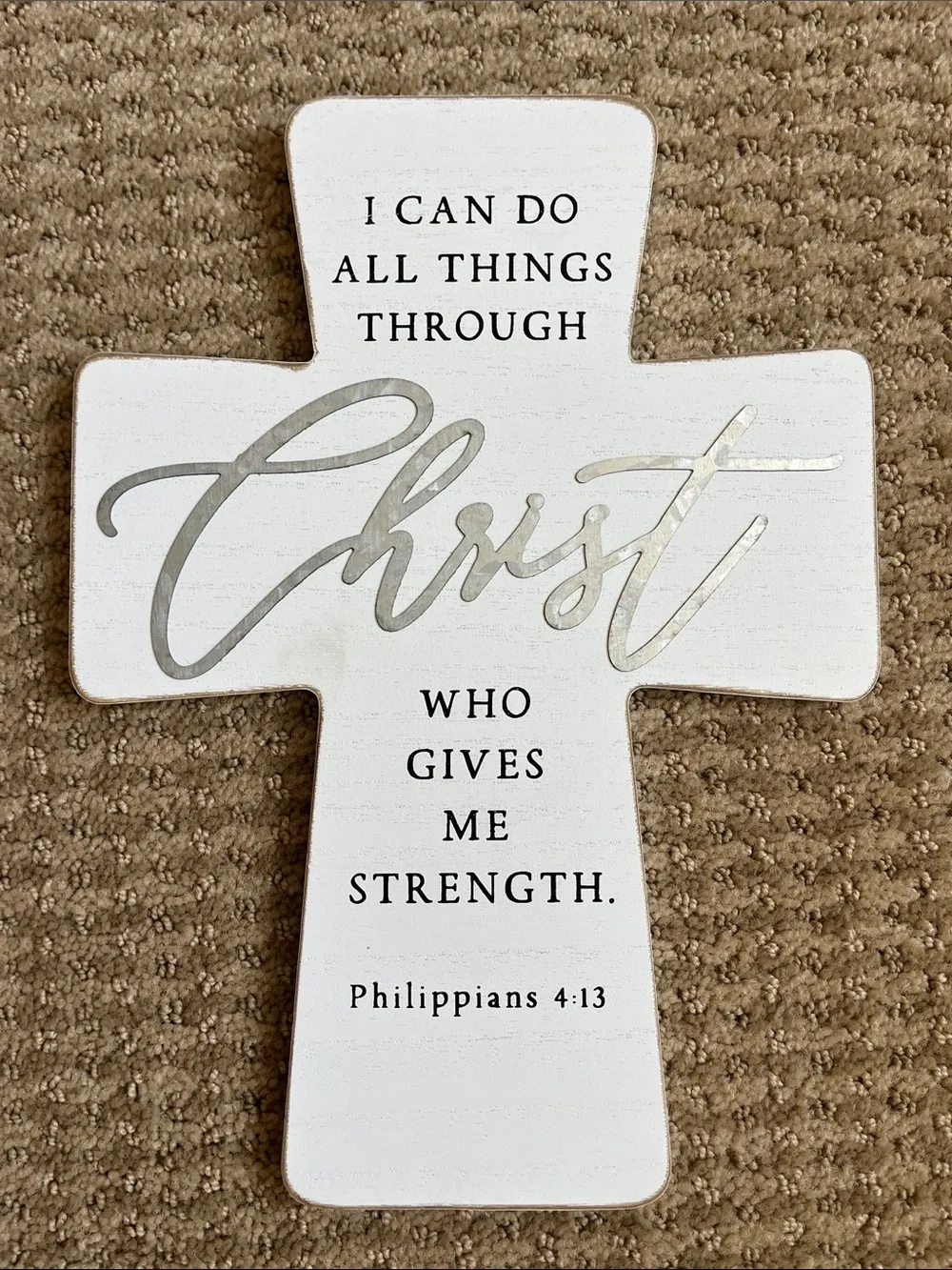 White wood Cross with Metal Christ Plaque